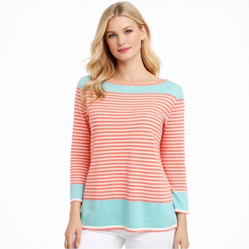 SAIL TO SABLE Coral and Aqua Blue Striped Pullover Sweater Women's Size M